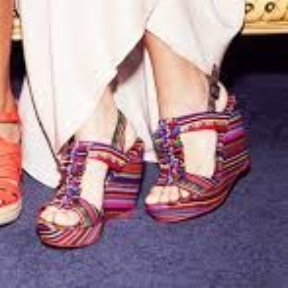 Blowfish rainbow striped wedges with ruffle detail